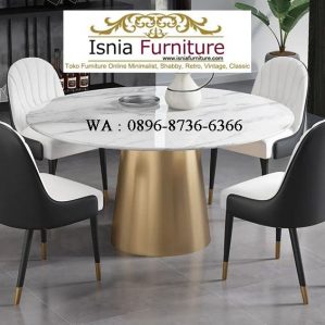 Jual Meja Makan Marmer Putih Bulat Set 4 Kursi Kaki Stainless Simple