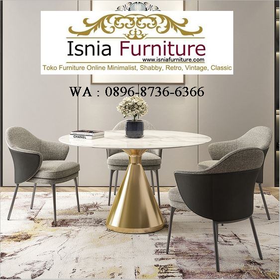 meja-makan-marmer-putih-bulat-set-4-kursi-kaki-stainless-cantik Jual Meja Makan Marmer Putih Bulat Set 4 Kursi Kaki Stainless Simple