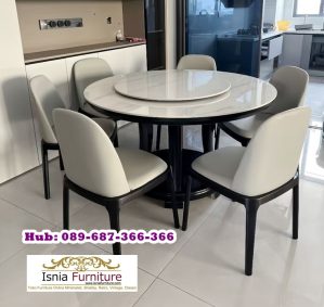 Meja Makan Marmer Minimalis Bulat Putih Kaki Kayu