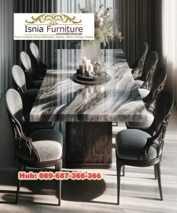 Meja Makan Marmer Corak Unik Kaki Kayu