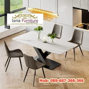 Meja Makan Marmer Kaki Besi 6 Kursi
