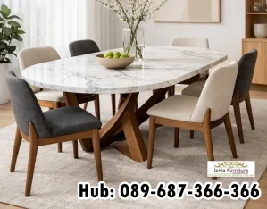 Jual Meja Makan Marmer Kaki Kayu Kokoh