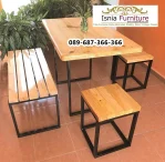 Set Meja Cafe Kayu Besi Bangku Kombinasi 3 Seat