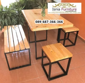 Set Meja Cafe Kayu Besi Bangku Kombinasi 3 Seat