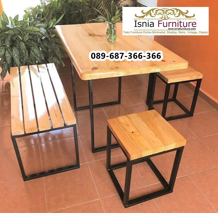 Set-Meja-Cafe-Kayu-Besi-Bangku-Kombinasi-3-Seat Set Meja Cafe Kayu Besi Bangku Kombinasi 3 Seat