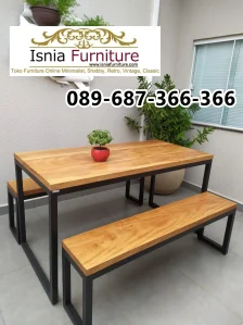 Set Meja Cafel Kayu Besi 2 Bangku Panjang
