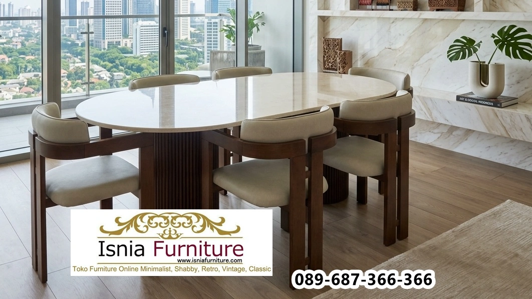 MEJA-MAKAN-MARMER-OVAL-ISNIA-furni Meja Makan Marmer Oval Jawa Timur Minimalis Modern Kokoh dan Elegan