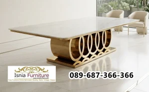 Meja Marmer Cirebon Rangka Kaki Gold Desain Mewah