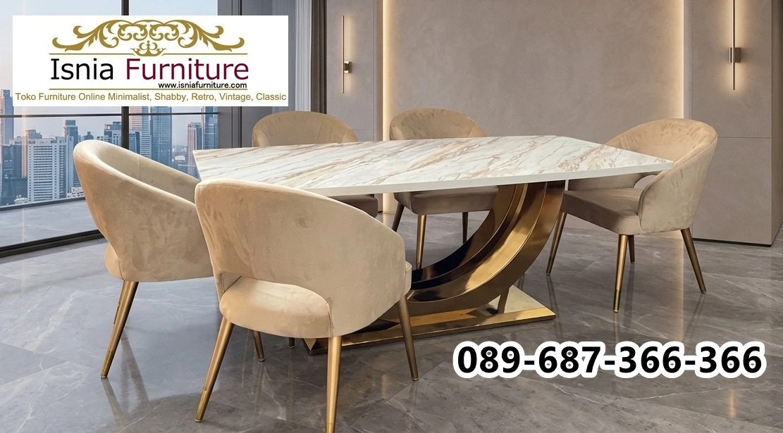 meja-makan-marmer-1 Jual Meja Makan Marmer Palembang Kaki Stainless Steel Bentuk Kaki Meja Unik