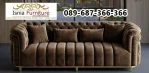 Sofa Minimalis Semarang 3 Seater Bahan Velvet Cokelat Rangka Besi Gold