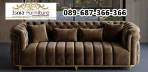 Sofa Minimalis Semarang 3 Seater Bahan Velvet Cokelat Rangka Besi Gold