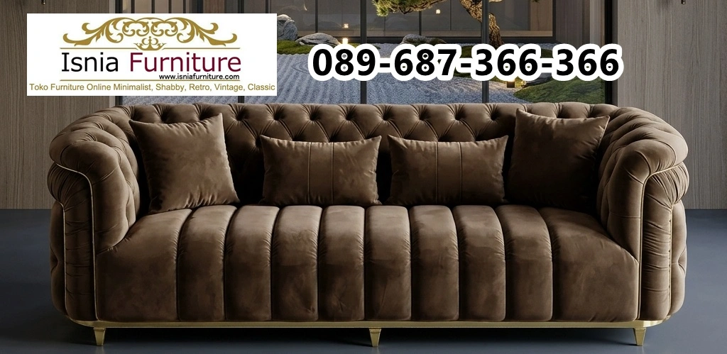 sofa-kursi-cafe-bar Sofa Minimalis Semarang 3 Seater Bahan Velvet Cokelat Rangka Besi Gold