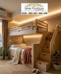 Tempat Tidur Tingkat Kayu Multifungsi dengan Tangga Laci