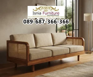 Sofa 3 Dudukan Rangka Kayu Kombinas Rotan